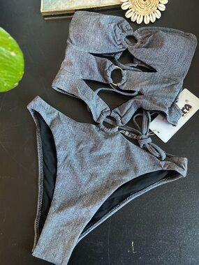 Yira grey textured metallic bikini with cut out details size Small